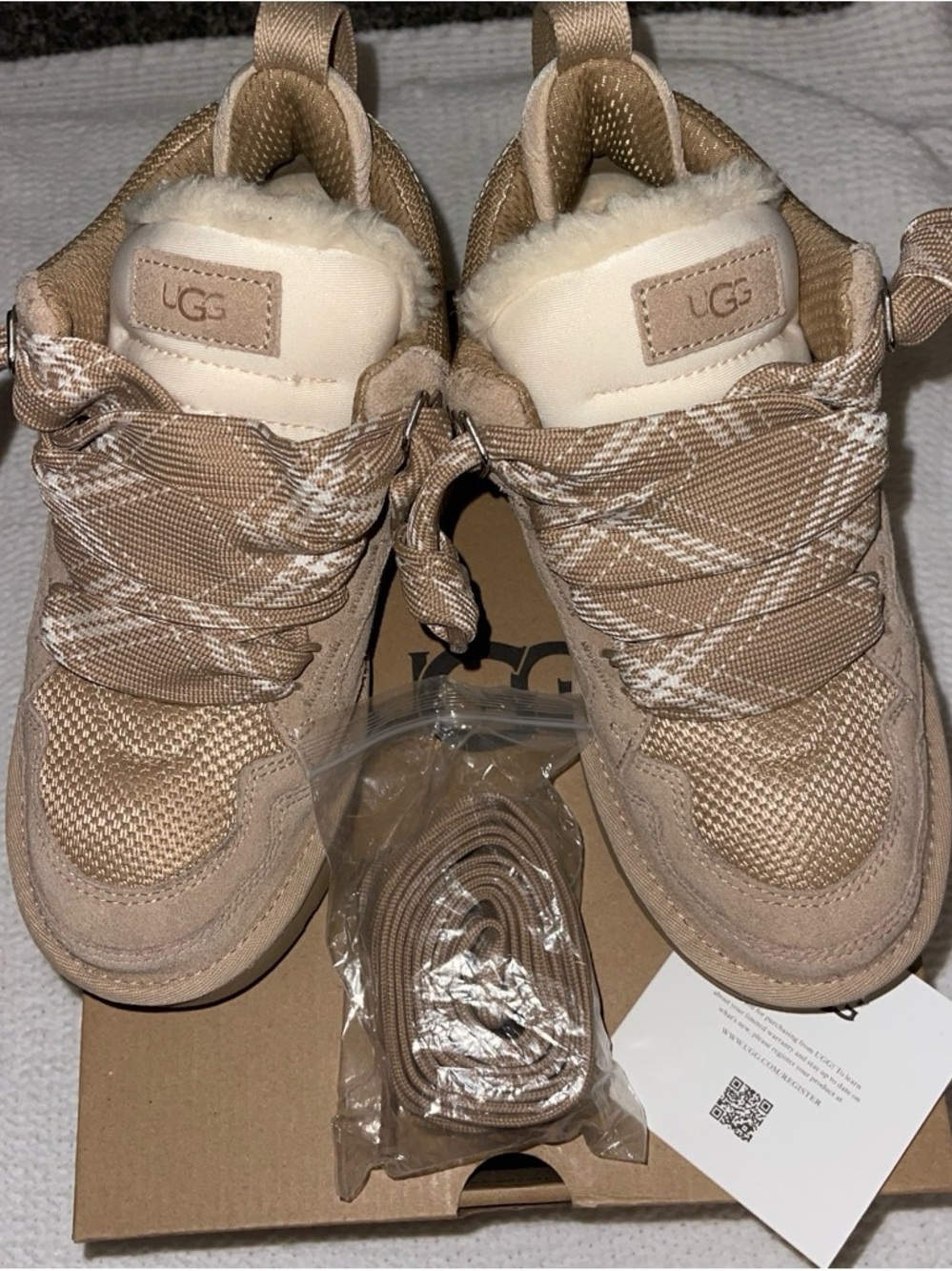 UGG Beige/Tan Lace-Up Shearling Collar Boots